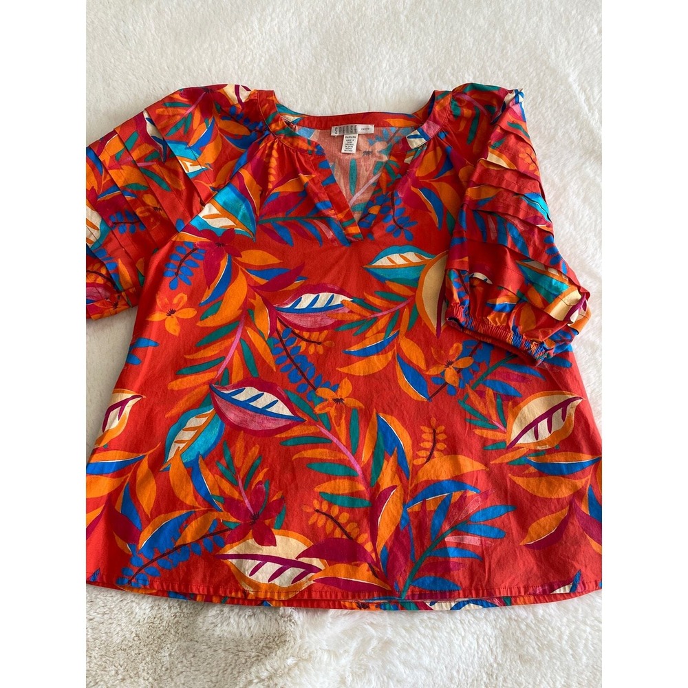 Spense Womens Petite Medium Tropical Leaf Print Pleated Puff Sleeve Blouse Boho